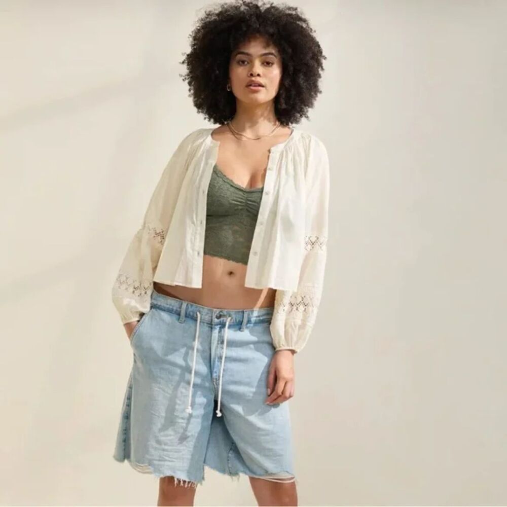 NWT Aerie Women's sz L Loose Long Sleeve Crochet Peasant Button Down Top Cream